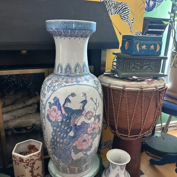 Vintage Blue and White Asian Vase with Pink Floral Accents w Birds 24 inch - Picture 2 of 15